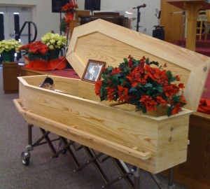 Harold Yancey's coffin built by Dwayne Quebedeaux