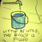 "A great Swahil proverb: LIttle by little, the bucket is filled." Kidogo, kidogo, hujaza ni kikapi."