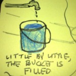 "A great Swahil proverb:  LIttle by little, the bucket is filled."    Kidogo, kidogo, hujaza ni kikapi."