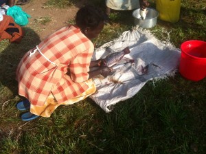 Buying fresh fish. A fisherman paddled to the shore. This lady cleaned the talapia. DeDe bought some and we had them for lunch.