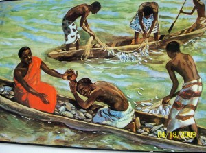 This painting, one of my favourites,  is from the Catholic Guesthouse in Goma, DR Congo. 