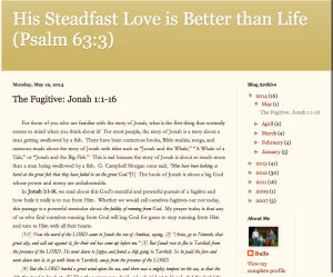 My pastor Charlie Bailey's blog features his weekly sermon. He is an excellent writer as well as speaker. Learn more at http://charbail.blogspot.com