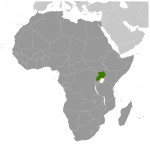 Uganda is highlighted on this African map. South Sudan is directly north. 