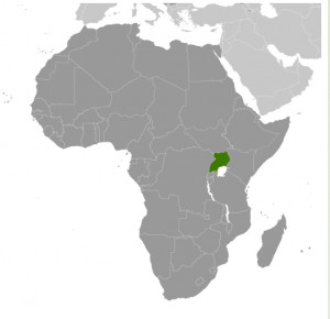Uganda is highlighted on this African map.  South Sudan is directly north. 