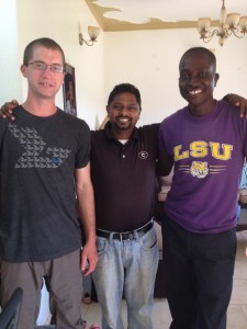 JD with fellow worker, Selvin "Georgia Bulldog" Jeremiadoss, and our new friend Sunday. I met Sunday through his shirt!
