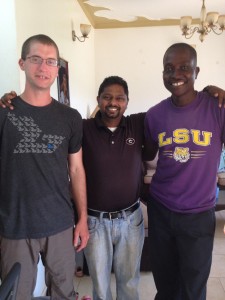 JD with fellow worker, Selvin "Georgia Bulldog" Jeremiadoss, and our new friend Sunday.  I met Sunday through his shirt!