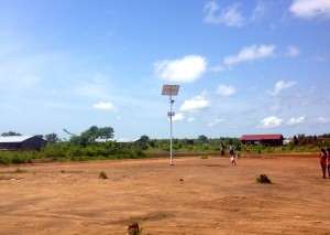 Lone solar-powered street light in Nyumazi (Adjumani, Uganda) Refugee Camp.