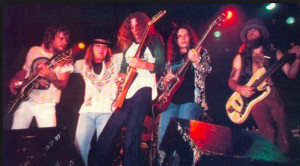 The famous Skynyrd guitar lineup: Gaines, Van Zandt, Allen Collins, Gary Rossington, and Leon Wilkerson. I've got to admit I have a weakness for three guitars duking it out. Always have. I guess I always will.