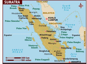 Banda Aceh sits at the northern tip of cigar-shaped Sumatra. Simule Island is to the west.