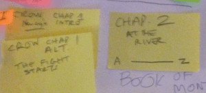 I use post it notes on a sketch pad to list my chapters.  They can be moved/switched as I develop the story.