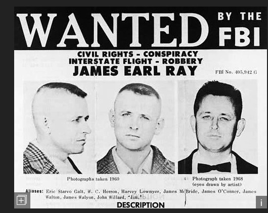 Wanted poster of James Earl Ray, assassin of Dr. Martin Luther King, Jr. The original poster named him as Eric Starvo Galt. I scanned every face I saw hoping to turn in this criminal and meet J. Edgar Hoover.