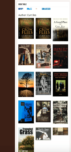 Book covers of our 13 books: As the Crow Flies/A Good Place/The Wayfaring Stranger/A Spent Bullet/Deep Roots/Christmas Jelly/Trampled Grass/Uncle Sam: A Horse's Tale/The Mockingbird's Song/Stories from the Creekbank/The Old House/Wind in the Pines/Hearts across the Water